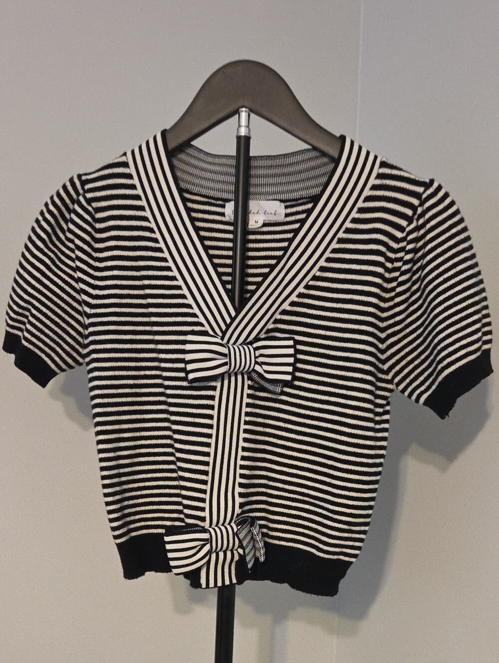 Striped Black & White Bow-Front Short Sleeve Knit Top
